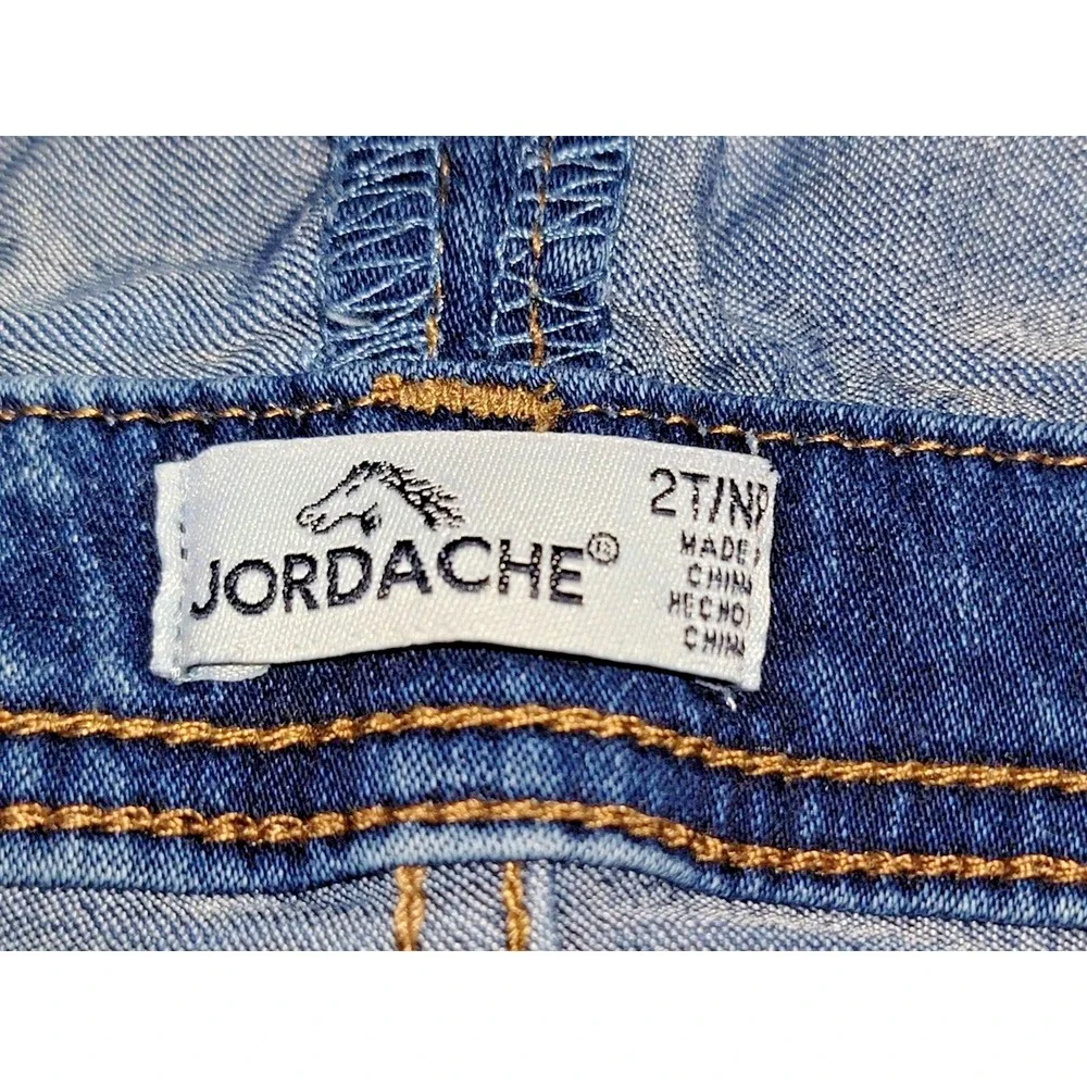 Jordache Girls 2T‎ Denim Bib Overalls Shorts Blue Jeans Rhinestone Buttons EUC